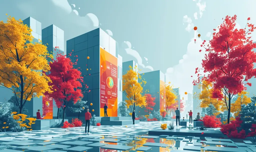 Stylized urban park with colorful autumn trees and pedestrians.
