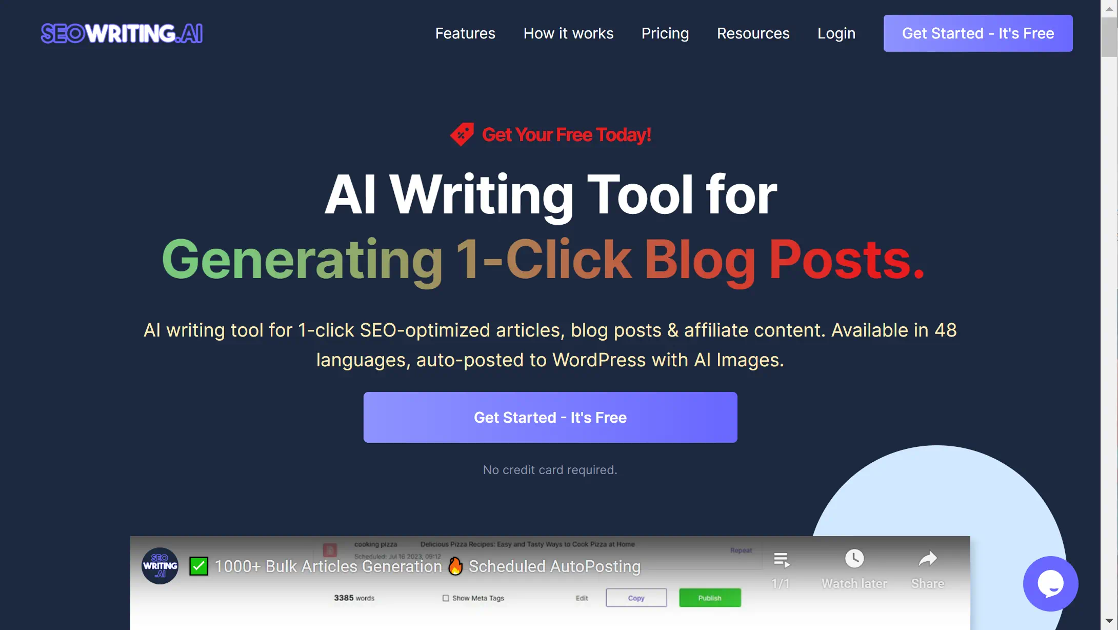 SEOwriting.ai 1-Click Blog Post Creation