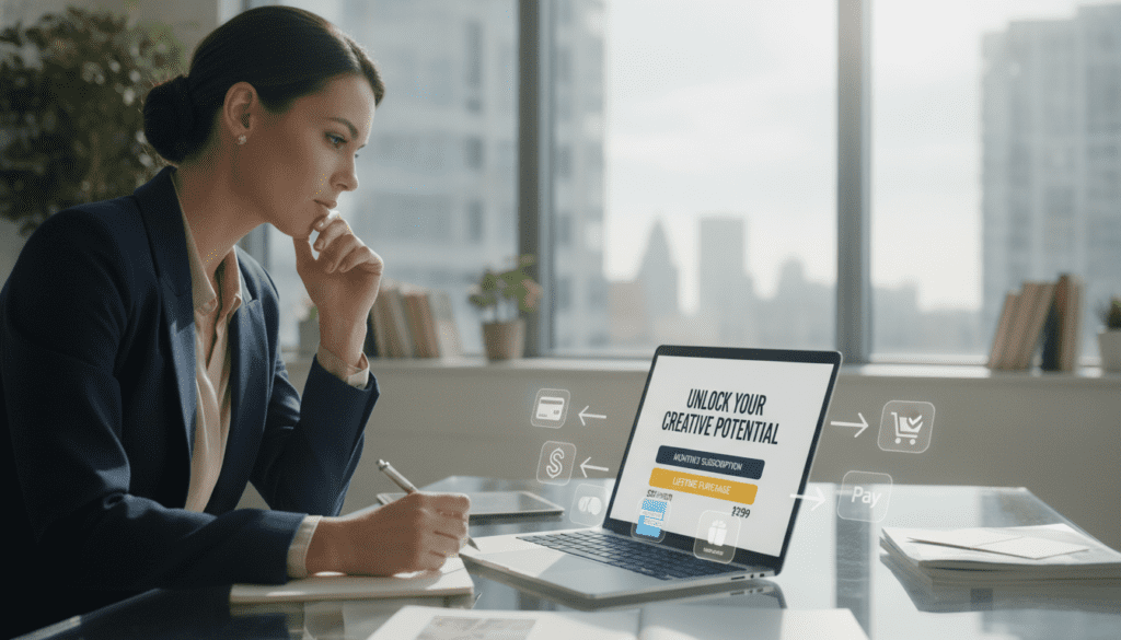 A modern digital workspace scene, featuring a laptop displaying a sleek website with subscription payment options. In the foreground, a professional woman in smart business attire is reviewing the website, showcasing a thoughtful expression. In the middle, various payment icons like credit cards, PayPal, and subscription plans are subtly displayed around the laptop, symbolizing different payment methods. The background includes soft-focus elements of a stylish office, with a large window allowing natural light to flood the room. The lighting is bright and inviting, creating an atmosphere of productivity and professionalism. Use a wide-angle perspective to capture both the individual and the digital elements clearly, emphasizing the contrast between subscription and purchase. The overall mood should be focused and encouraging, promoting entrepreneurial spirit in small businesses. A modern digital workspace scene, featuring a laptop displaying a sleek website with subscription payment options. In the foreground, a professional woman in smart business attire is reviewing the website, showcasing a thoughtful expression. In the middle, various payment icons like credit cards, PayPal, and subscription plans are subtly displayed around the laptop, symbolizing different payment methods. The background includes soft-focus elements of a stylish office, with a large window allowing natural light to flood the room. The lighting is bright and inviting, creating an atmosphere of productivity and professionalism. Use a wide-angle perspective to capture both the individual and the digital elements clearly, emphasizing the contrast between subscription and purchase. The overall mood should be focused and encouraging, promoting entrepreneurial spirit in small businesses.