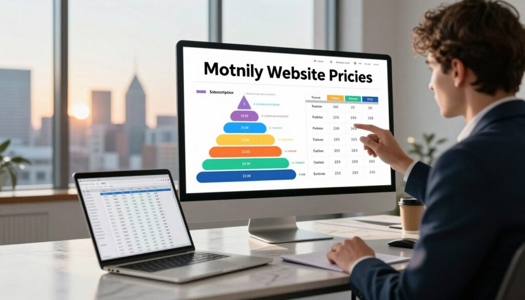 A modern office scene showcasing a sleek, digital display board featuring monthly website pricing charts. In the foreground, an elegant marble desk with a laptop open, displaying a pricing spreadsheet. The middle section reveals a dynamic graphic of monthly subscription tiers, color-coded and detailed, radiating professionalism. To the back, a glass window reveals a vibrant city skyline under soft morning light, symbolizing growth and opportunity. Warm, natural light gently illuminates the space, casting soft shadows, creating an inviting atmosphere. A person in smart business attire analyzes the pricing chart, looking engaged and thoughtful, enhancing the scene's focus on strategy and value. The overall mood is optimistic and contemporary, ideal for illustrating financial planning without any text elements.