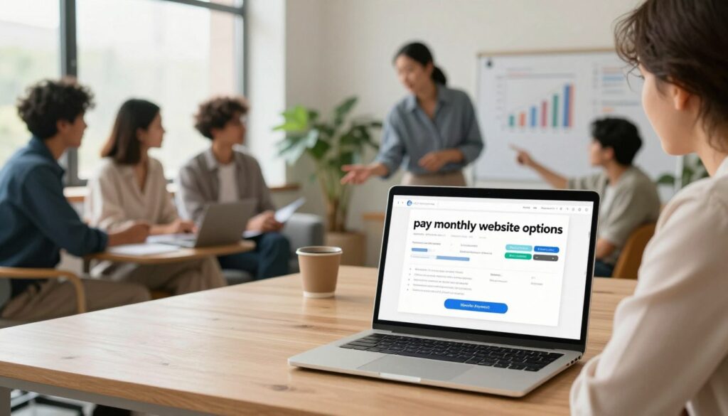 A modern workspace scene showcasing the concept of "pay monthly website options". In the foreground, a sleek computer desk with a high-end laptop displaying a website payment plan interface, featuring monthly payment buttons and attractive design elements. The middle ground shows a diverse group of young professionals in smart business attire, engaged in discussion, pointing at graphs on the screen, embodying teamwork and collaboration. In the background, a bright and inviting office environment with large windows letting in natural light, potted plants, and informal seating arrangements, creating an approachable atmosphere. The overall mood is optimistic and innovative, emphasizing accessibility and modern business solutions, captured with a warm color palette and soft focus.