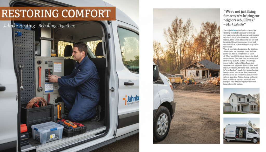 A professional HVAC technician in a navy blue uniform is working diligently inside a well-lit, modern service van branded with "Jahnke Heating and Air Conditioning." In the foreground, tools and equipment are neatly organized within the van. The middle ground showcases a suburban neighborhood with homes affected by the Almeda Fire, illustrating the resilience of both the community and the business. In the background, soft afternoon sunlight filters through lush trees, creating a warm, hopeful atmosphere. The image captures a moment of dedication and service to customers, emphasizing recovery and continuity in the face of adversity. Utilize a slightly elevated angle for a comprehensive view, highlighting both the technician's focus and the supportive environment around them. A professional HVAC technician in a navy blue uniform is working diligently inside a well-lit, modern service van branded with "Jahnke Heating and Air Conditioning." In the foreground, tools and equipment are neatly organized within the van. The middle ground showcases a suburban neighborhood with homes affected by the Almeda Fire, illustrating the resilience of both the community and the business. In the background, soft afternoon sunlight filters through lush trees, creating a warm, hopeful atmosphere. The image captures a moment of dedication and service to customers, emphasizing recovery and continuity in the face of adversity. Utilize a slightly elevated angle for a comprehensive view, highlighting both the technician's focus and the supportive environment around them.