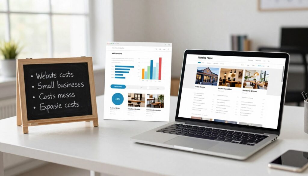 A professional and modern workspace setting featuring a stylish desk with a laptop displaying a visually appealing website pricing table. In the foreground, a small chalkboard or whiteboard with neatly organized bullet points outlining key website costs for small businesses. The middle ground includes colorful charts and graphs illustrating typical expenses alongside images of a small Medford or Ashland business, such as a café or boutique. The background showcases a well-lit office environment with large windows letting in natural light, emphasizing a friendly and inviting atmosphere. The scene conveys a sense of professionalism and clarity, with soft focus effects for a clean aesthetic. The camera angle is slightly elevated, capturing the entirety of the workspace while maintaining an intimate feel. A professional and modern workspace setting featuring a stylish desk with a laptop displaying a visually appealing website pricing table. In the foreground, a small chalkboard or whiteboard with neatly organized bullet points outlining key website costs for small businesses. The middle ground includes colorful charts and graphs illustrating typical expenses alongside images of a small Medford or Ashland business, such as a café or boutique. The background showcases a well-lit office environment with large windows letting in natural light, emphasizing a friendly and inviting atmosphere. The scene conveys a sense of professionalism and clarity, with soft focus effects for a clean aesthetic. The camera angle is slightly elevated, capturing the entirety of the workspace while maintaining an intimate feel.