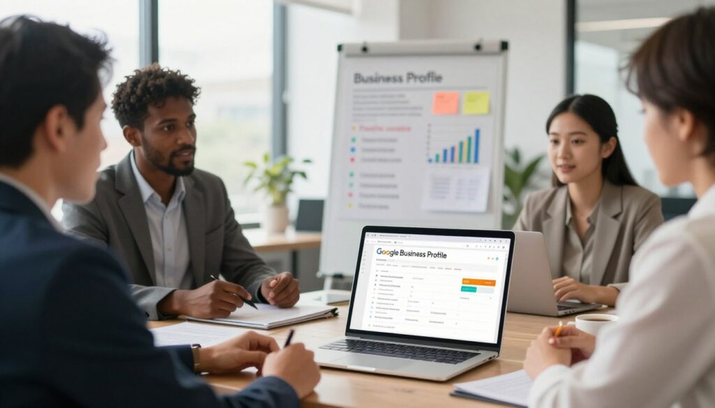 A professional workspace focusing on Google Business Profile optimization, featuring a modern laptop displaying a colorful business listing dashboard. In the foreground, show a diverse group of business owners, dressed in professional attire, engaged in a discussion. The middle ground should include a whiteboard or flip chart with strategic notes, graphs, and checklists for building credibility. In the background, depict a bright, inviting office environment with large windows allowing natural light to flood the room. Use a soft focus and warm lighting to create an optimistic atmosphere, emphasizing collaboration and trust. The scene should feel dynamic yet professional, highlighting the importance of an optimized business profile.