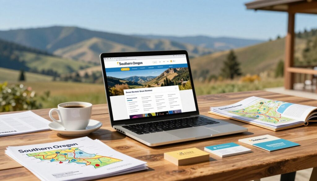 A vibrant and informative scene showcasing Southern Oregon business directories. In the foreground, a professional open laptop displaying a colorful website interface featuring various local business listings, with an inviting cup of coffee beside it. The middle ground features a wooden table surrounded by folders filled with printed documents, maps of Southern Oregon, and business cards, illustrating the diversity of local businesses. In the background, a softly blurred view of the beautiful Southern Oregon landscape, showcasing rolling hills and a clear blue sky that gives a sense of place and community. Warm, natural lighting illuminates the scene, creating a welcoming atmosphere that encourages viewers to explore local business opportunities. The image captures the essence of local directories without any text or distractions. A vibrant and informative scene showcasing Southern Oregon business directories. In the foreground, a professional open laptop displaying a colorful website interface featuring various local business listings, with an inviting cup of coffee beside it. The middle ground features a wooden table surrounded by folders filled with printed documents, maps of Southern Oregon, and business cards, illustrating the diversity of local businesses. In the background, a softly blurred view of the beautiful Southern Oregon landscape, showcasing rolling hills and a clear blue sky that gives a sense of place and community. Warm, natural lighting illuminates the scene, creating a welcoming atmosphere that encourages viewers to explore local business opportunities. The image captures the essence of local directories without any text or distractions.
