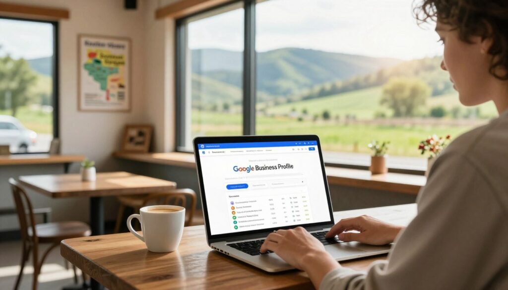 A vibrant depiction of a small business owner interacting with a Google Business Profile on a laptop in a cozy Southern Oregon café. In the foreground, a focused individual in smart casual attire is engaged with a sleek laptop, their screen displaying a well-organized Google Business Profile. The middle ground features a coffee cup and local decor, showcasing Southern Oregon's unique charm, such as a map of the Rogue Valley on the wall. In the background, large windows reveal lush green landscapes and rolling hills, with warm sunlight filtering through, creating an inviting atmosphere. The scene conveys a sense of empowerment and local connectivity, highlighting the importance of local SEO for small businesses.
