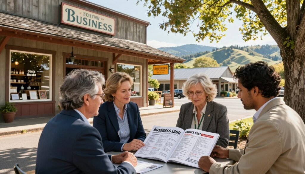A vibrant scene depicting local business directories in a charming Southern Oregon town. In the foreground, a diverse group of four business professionals in smart casual attire is gathered around a table, glancing at an open directory displaying business listings. The middle ground features a rustic storefront with windows showcasing local products and a colorful sign promoting a business fair. In the background, the picturesque Southern Oregon landscape with rolling hills and trees creates a serene atmosphere. Sunlight filters through the trees, casting warm, dappled light across the scene. The overall mood is inviting and community-oriented, illustrating the importance of local business connections. A vibrant scene depicting local business directories in a charming Southern Oregon town. In the foreground, a diverse group of four business professionals in smart casual attire is gathered around a table, glancing at an open directory displaying business listings. The middle ground features a rustic storefront with windows showcasing local products and a colorful sign promoting a business fair. In the background, the picturesque Southern Oregon landscape with rolling hills and trees creates a serene atmosphere. Sunlight filters through the trees, casting warm, dappled light across the scene. The overall mood is inviting and community-oriented, illustrating the importance of local business connections.