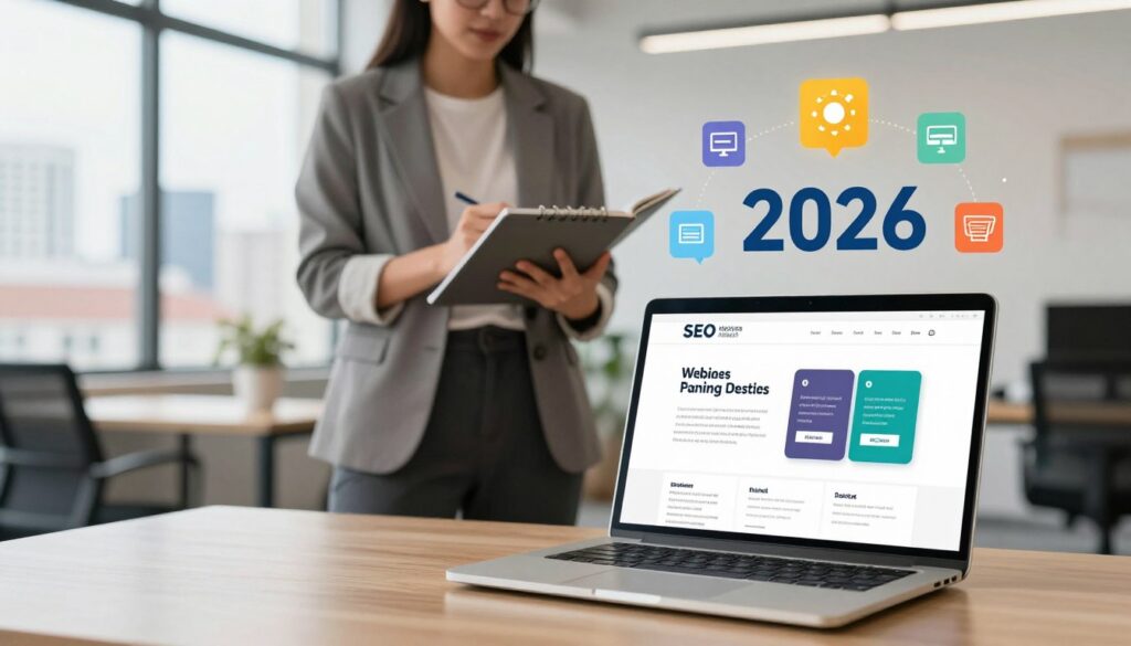A visually engaging infographic depicting the pricing factors of business websites in 2026. In the foreground, display a modern laptop open to a website design mock-up, surrounded by colorful icons representing various features such as SEO, e-commerce, custom design, and training. In the middle, include a professional business person in smart casual attire, analyzing the pricing elements on a notepad. In the background, illustrate a clean and modern office environment with a large window showing a cityscape of Medford or Ashland. The lighting should be bright and inviting, emphasizing a productive and professional atmosphere. The overall mood should be informative and engaging, perfect for illustrating the complexities of website pricing. A visually engaging infographic depicting the pricing factors of business websites in 2026. In the foreground, display a modern laptop open to a website design mock-up, surrounded by colorful icons representing various features such as SEO, e-commerce, custom design, and training. In the middle, include a professional business person in smart casual attire, analyzing the pricing elements on a notepad. In the background, illustrate a clean and modern office environment with a large window showing a cityscape of Medford or Ashland. The lighting should be bright and inviting, emphasizing a productive and professional atmosphere. The overall mood should be informative and engaging, perfect for illustrating the complexities of website pricing.