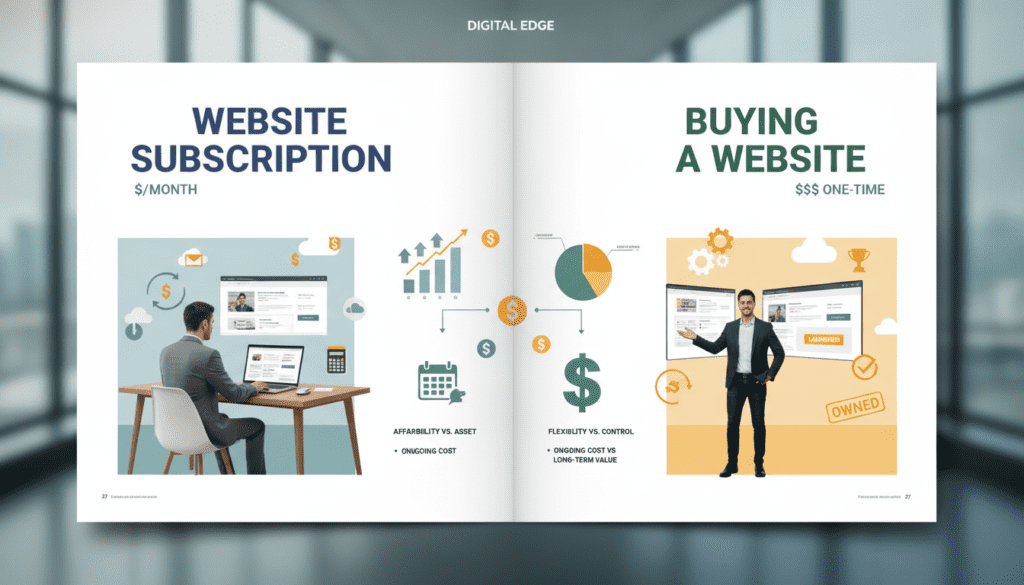 A visually striking comparison of "website subscription versus buying a website." In the foreground, depict two contrasting scenes side by side: on the left, a person in professional business attire thoughtfully reviewing a digital subscription interface on a laptop, surrounded by notes and a calculator, symbolizing ongoing payments; on the right, another individual in business casual attire proudly examining a large display showing a completed website, representing a one-time purchase. In the middle ground, include elements like charts, graphs, and dollar signs to represent financial concepts. The background features a modern office setting with soft, natural lighting coming through a large window, conveying a sense of professionalism and clarity. The overall mood should be informative and engaging, illustrating the themes of affordability and practicality in web development. A visually striking comparison of "website subscription versus buying a website." In the foreground, depict two contrasting scenes side by side: on the left, a person in professional business attire thoughtfully reviewing a digital subscription interface on a laptop, surrounded by notes and a calculator, symbolizing ongoing payments; on the right, another individual in business casual attire proudly examining a large display showing a completed website, representing a one-time purchase. In the middle ground, include elements like charts, graphs, and dollar signs to represent financial concepts. The background features a modern office setting with soft, natural lighting coming through a large window, conveying a sense of professionalism and clarity. The overall mood should be informative and engaging, illustrating the themes of affordability and practicality in web development.