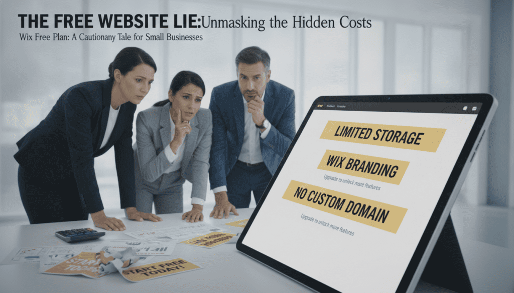 A visually striking scene illustrating the hidden costs of free website builders, specifically focusing on the Wix free plan limits. In the foreground, a digital device displaying a simplified website with prominent banners indicating features like "limited storage," "Wix branding," and "no custom domain." In the middle ground, several small business owners, dressed in professional attire, are analyzing the on-screen information with expressions of concern. In the background, a modern, sleek office environment filled with subtle elements reflecting financial strain—such as a calculator, budget sheets, and fading promotional materials for Wix. Soft overhead lighting enhances the atmosphere of introspection, while a shallow depth of field emphasizes the device and the expressions of the business owners, creating a reflective and contemplative mood. A visually striking scene illustrating the hidden costs of free website builders, specifically focusing on the Wix free plan limits. In the foreground, a digital device displaying a simplified website with prominent banners indicating features like "limited storage," "Wix branding," and "no custom domain." In the middle ground, several small business owners, dressed in professional attire, are analyzing the on-screen information with expressions of concern. In the background, a modern, sleek office environment filled with subtle elements reflecting financial strain—such as a calculator, budget sheets, and fading promotional materials for Wix. Soft overhead lighting enhances the atmosphere of introspection, while a shallow depth of field emphasizes the device and the expressions of the business owners, creating a reflective and contemplative mood.