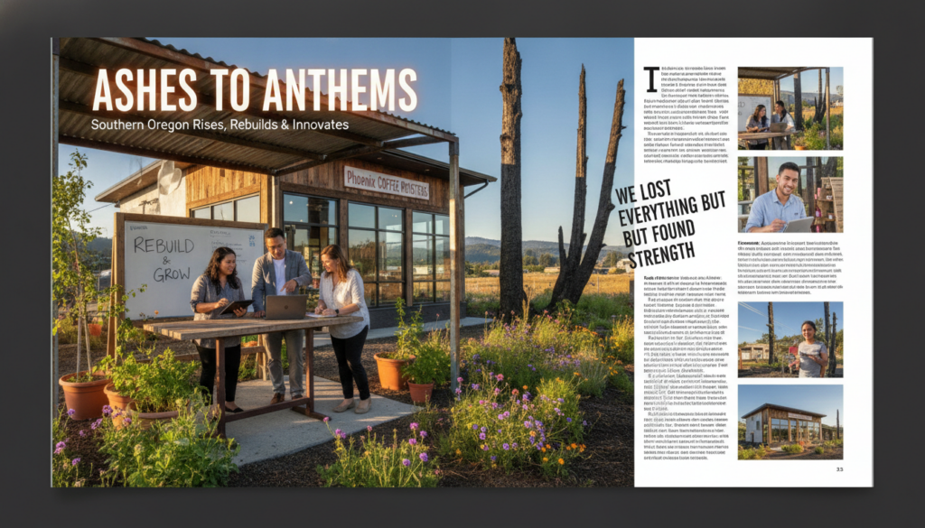 In a vibrant and hopeful scene illustrating the aftermath of the Almeda Fire in Southern Oregon, foreground features a small group of diverse entrepreneurs in professional attire, actively collaborating around a laptop at a makeshift outdoor workspace. In the middle ground, the context of a recently rebuilt local business, showcasing fresh signage and a welcoming atmosphere, symbolizes resilience and rebirth. Surrounding the area, charred remnants of trees juxtaposed with new greenery reflect the duality of destruction and recovery. The background highlights distant hills under a clear blue sky with soft, warm sunlight illuminating the scene, creating an uplifting mood that emphasizes community strength and determination in rebuilding. The composition captures a dynamic interplay of light and shadows, emphasizing hope and renewal in the wake of tragedy. In a vibrant and hopeful scene illustrating the aftermath of the Almeda Fire in Southern Oregon, foreground features a small group of diverse entrepreneurs in professional attire, actively collaborating around a laptop at a makeshift outdoor workspace. In the middle ground, the context of a recently rebuilt local business, showcasing fresh signage and a welcoming atmosphere, symbolizes resilience and rebirth. Surrounding the area, charred remnants of trees juxtaposed with new greenery reflect the duality of destruction and recovery. The background highlights distant hills under a clear blue sky with soft, warm sunlight illuminating the scene, creating an uplifting mood that emphasizes community strength and determination in rebuilding. The composition captures a dynamic interplay of light and shadows, emphasizing hope and renewal in the wake of tragedy.